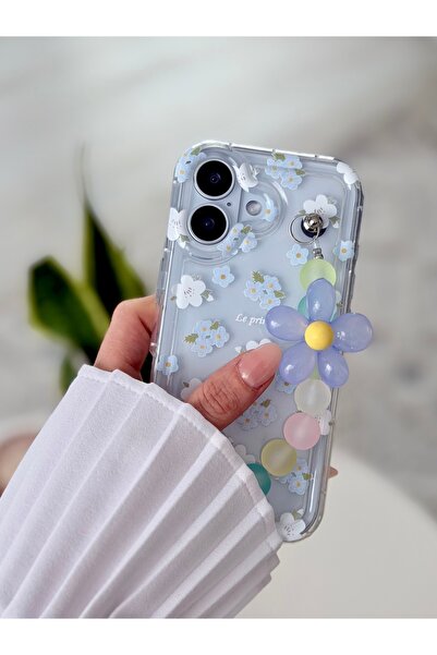Go Aksesuar حافظة سيليكون مرنة متوافقة مع آيفون 17 مع تصميم زهرة زرقاء وحامل ...