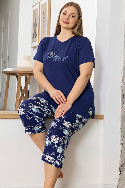 Aydoğan Women's Inci Large Size Dark Blue Capri Pajama Set 0066