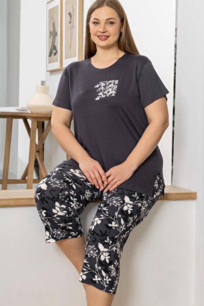 Aydoğan Women's Inci Large Size Dark Gray Capri Pajama Set 0076
