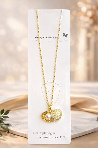 Vipfoni Deniz Kabuğu İçerisinde İnci Taneli Çelik Kolye