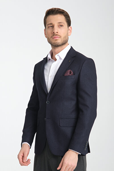 Frappoli Fevual Men's Dark Navy Mono Neck Diagonel Print Slim Fit Blazer Spor...