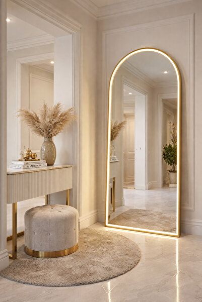 TodekHome Ayaklı Boy Aynası 70x180 cm - Gold Metal Kasa Ledli Işıklı Kemer Mo...