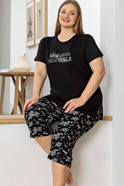 Aydoğan Women's Inci Large Size Black Capri Pajamas Set 0071