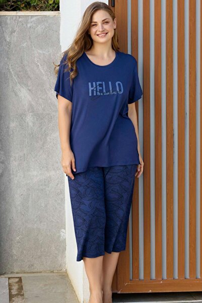 Aydoğan Women's Inci Large Size Dark Blue Capri Pajama Set 0274