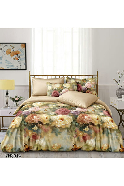 FIONNA.RO Premium Satin Bed Linen 4 Pieces With Stretchy - Beige With Flowers