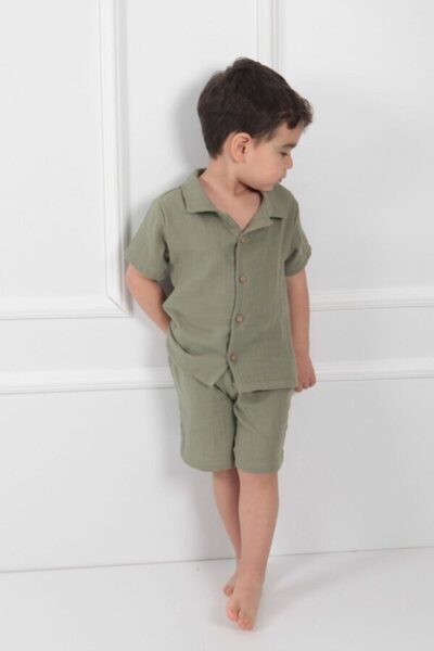 Uslukids Boy's Muslin Collared Suit with Shorts Khaki