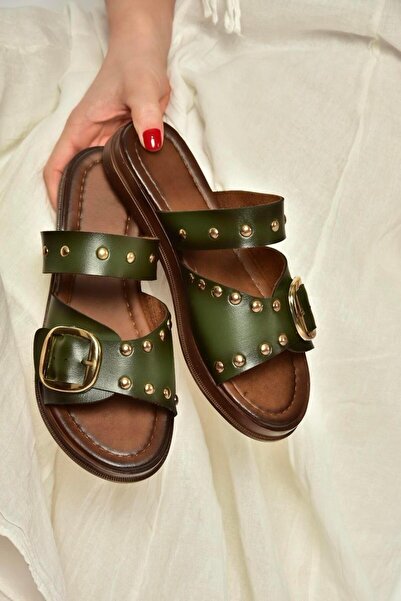 Fox Shoes Y390450703 Green Genuine Leather Women's Slippers with Staple Detail