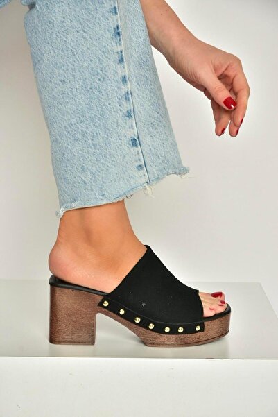 Fox Shoes Y996594002 Black Suede Thick Heeled Women's Slippers