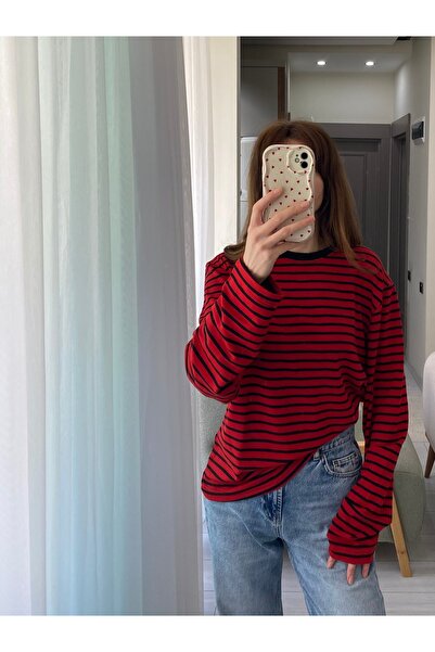 Butik Çizgili Oversize Uzun Kollu Basic Bluz %100 Pamuk
