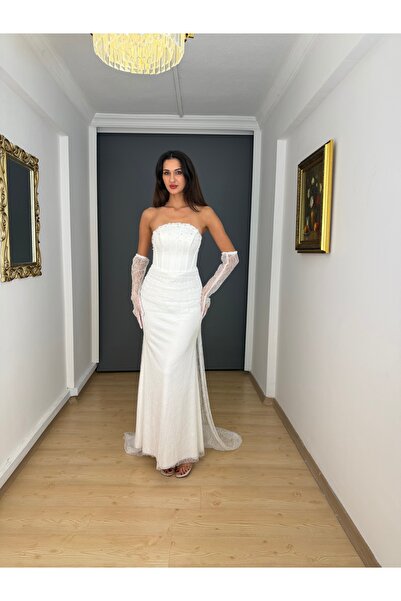 gökkuşagı moda Beyaz Dantel Straplez Sırtı Bağlamalı Eldiven Detaylı Uzun Abi...
