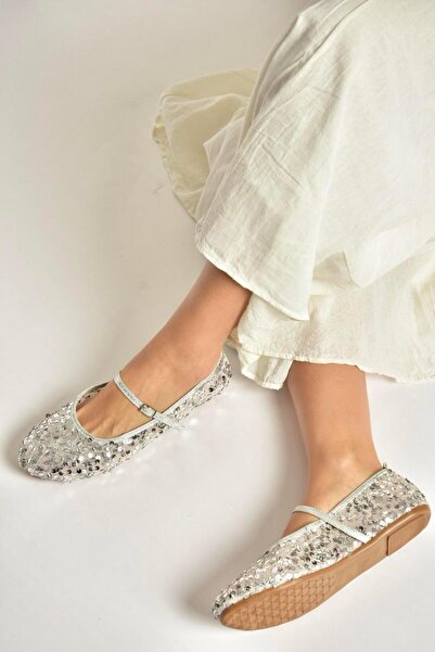 Fox Shoes Y250322040 Balerini de damă din țesătură argintie cu paiete