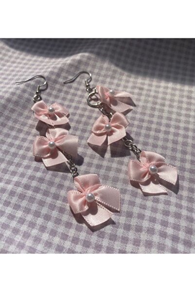 Shiklik Silver Color Chain Earrings with Pink Ribbon and Pearl Detail