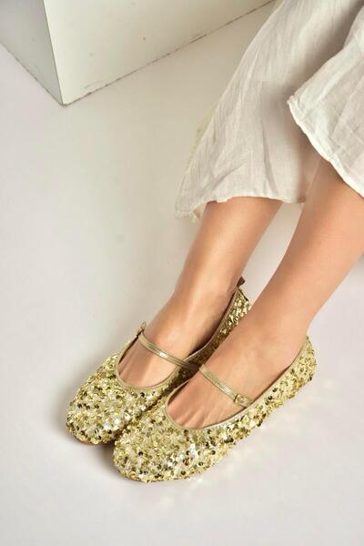 Fox Shoes Y250322040 Gold Fabric Sequined Women's Ballerinas