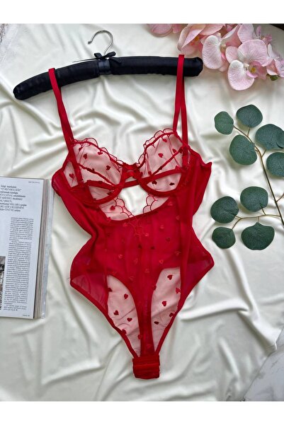 Noir Amour Kırmızı Kalp Desenli Transparan Dantel Fantazi Body