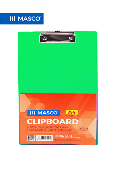 MASCO لوحة كتابة بلاستيكية A4 مزودة بمشبك معدني، سطح كتابة أملس، أخضر