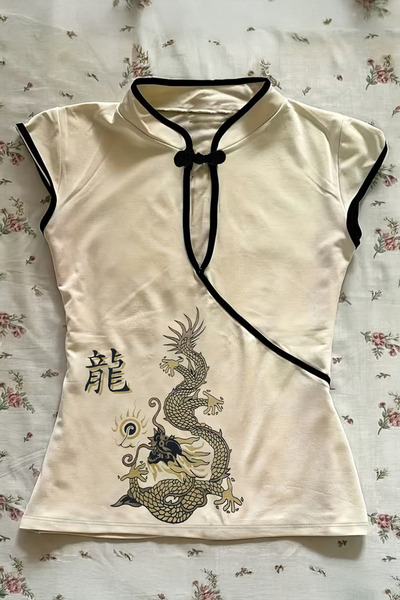 harmony factory Ecru Mandarin Collar Dragon Motif Vintage Qipao Y2K Short Sle...