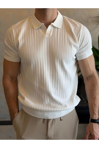 ECARTS Men's Polo Collar Striped Textured Tshirt White Eca059