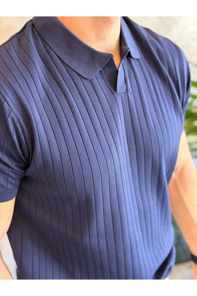 ECARTS Men's Polo Collar Striped Textured Tshirt Navy Blue Eca059