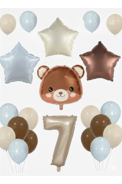 Çemrek Süs Parti Blue Beige Brown Bear Balloon and Number Balloon Set 15 Pieces