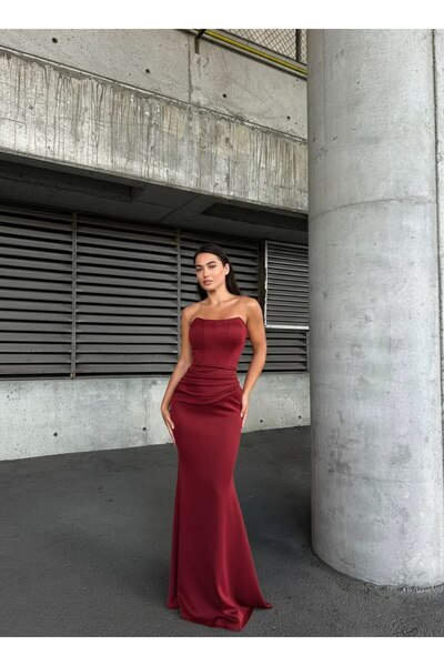 Larenmoda Straplez likralı drapeli abiye
