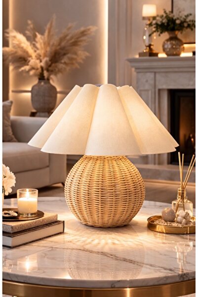 Buiva İskandinav Flower Abajur Hasır Gövde Aç Kapa Fişli