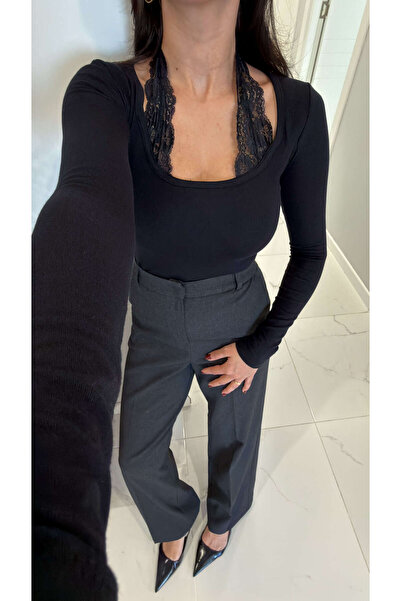 BİRCANÇİL Μπλούζα Jissa Μαύρη με δαντέλα στο λαιμό