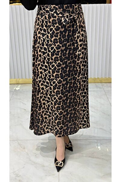 KLAPA Leopar Kuşaklı Saten Etek