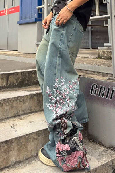 GRİİ WEAR Unisex Wide Leg Oversize Ronin Samurai Embroidered Baggy Jeans