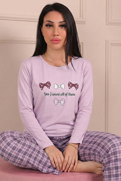 Niket Life Set de pijamale din bumbac pieptănat pentru femei, cu model cu pan...