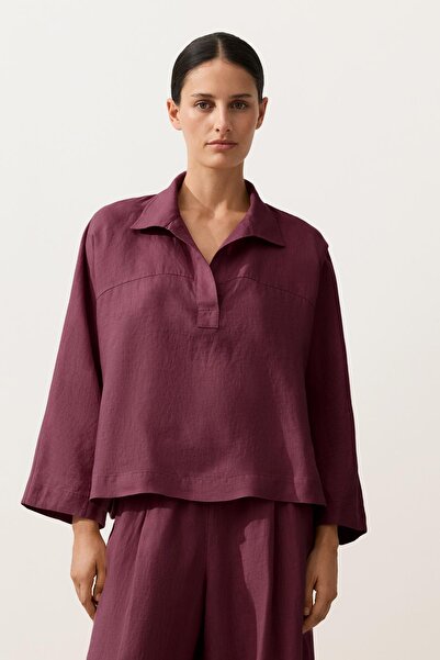 Oysho Oversize uzun kollu %100 keten polo gömlek