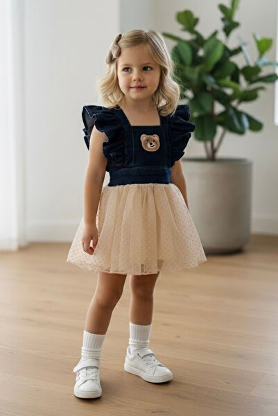 Minigimin Cicileri My Little One's Ruffled Strap Denim Dress with Teddy Bear ...