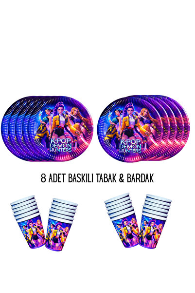 HAPPYLOOPPARTY Kpop K-Pop Demon Hunters Tema Uyumlu Baskılı 8 Kişilik Tabak ,...