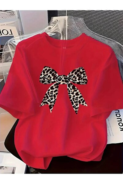 oneagılyazı Leopard Ribbon Printed Oversized Unisex Women's Crew Neck T-Shirt