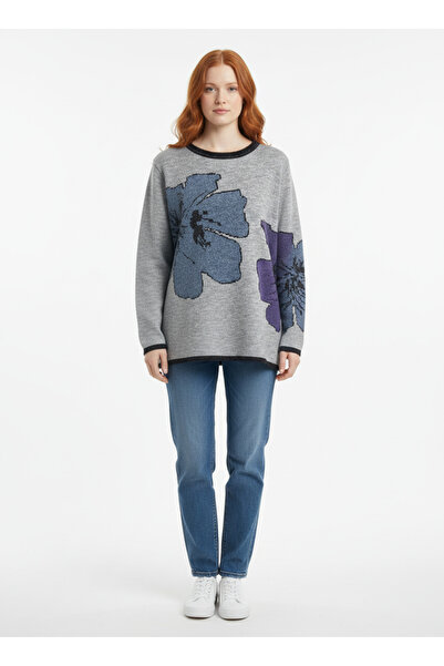 Neden Tekstil Gray Crew Neck Floral Patterned Oversize Sweater