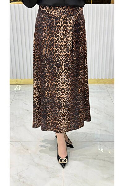 KLAPA Leopard Belted Satin Skirt