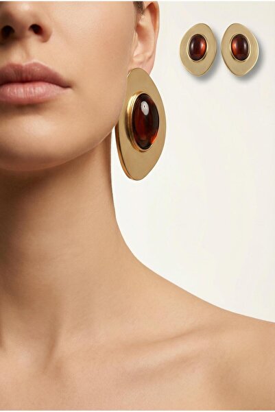 Spazio Taşlı Oval Vintage Küpe KAHVE