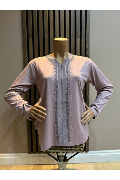 AKMAVİ Women's Middle-Aged and Older Knitwear Striped Stoned Mother Combed Co...