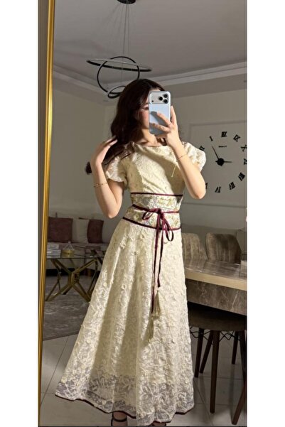 Meryl Ivory Eid dress with a burgundy belt