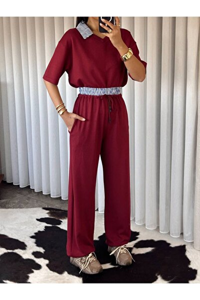 ALVOR Women's Polo Collar Garnished Top and Bottom Set - Elastic Sweatpants S...