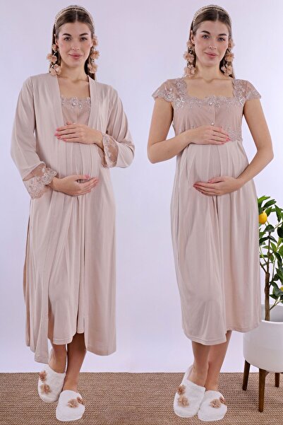 Effortt Comfortable Cut Cotton Maternity Nightgown Set - Beige