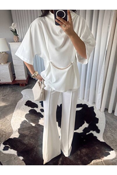 ALVOR Women's Draped Collar Chain Detail Set - Flare Leg Elegant Two-Piece Set