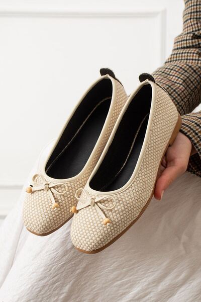 FUGA MODA Fiora Checkered Beige Bowknot Wooden Bead Detailed Ballerinas