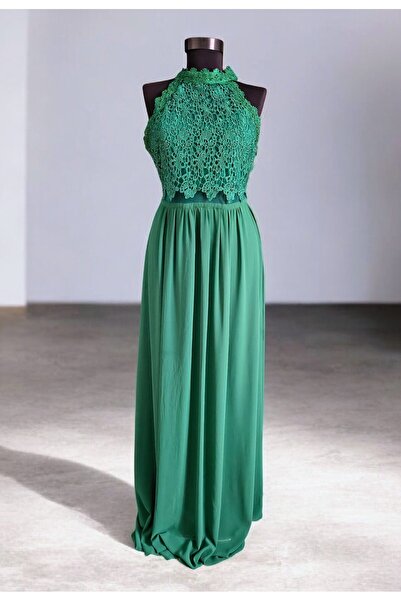 OEM Long elegant dress, green, with lace applique - size L (40)