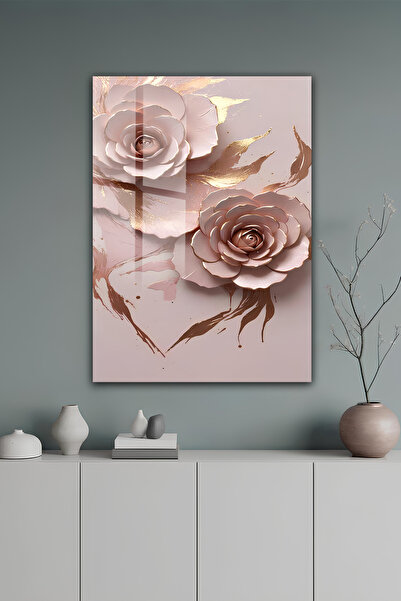 kutuTR Pudra Pembe ve Gold Detaylı Gül Desenli Temperli Cam Tablo 50x70 Cm 2D...