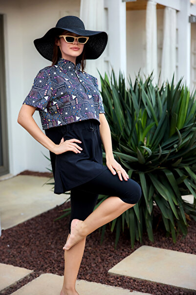 Lale Butik Short Sleeve Semi-Closed Hijab Swimsuit with Front Cover Black01 R...