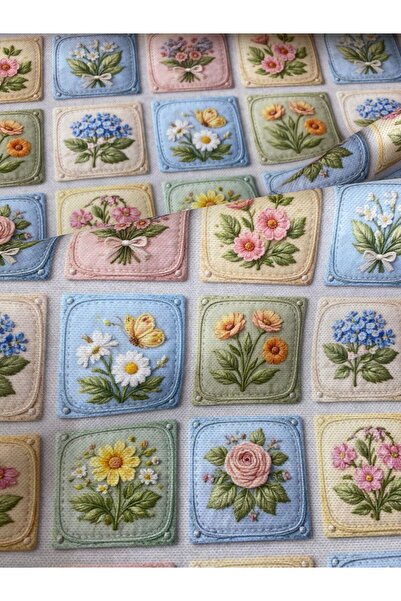 Favor Çiçekli Kareler Desenli Kumaş