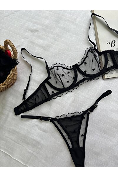 İNKO İÇ GİYİM Black Heart Patterned Underwire Non-Cup Tulle Detailed (Bra&Tan...
