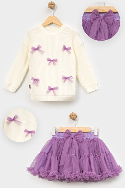 Riffy Baby Bow Detailed Knitwear Sweater and Fluffy Tutu Skirt Set