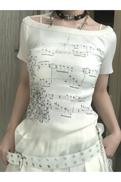 DREICH Ecru Note Patterned Y2K Short Sleeve Crop Top