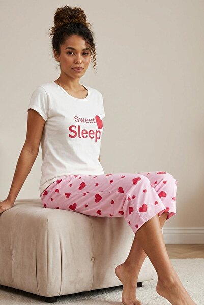 Niket Life Women's Sweet Sleep Slogan Crew Neck Short Sleeve Heart Patterned ...